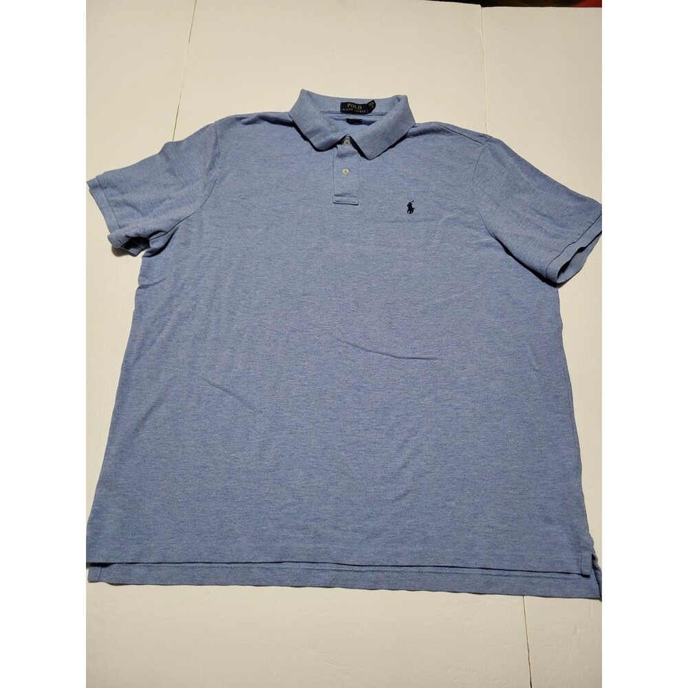 (#19)Polo Ralph Lauren Mens 2XL Blue Solid Pony Logo Custom Fit Short Sleeve